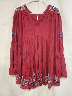 Free People Red Embroidered V-Neck Peasant Tunic